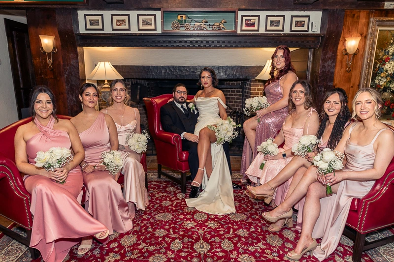 Newlyweds with bridesmaids Nassau Inn Princeton Wedding photos