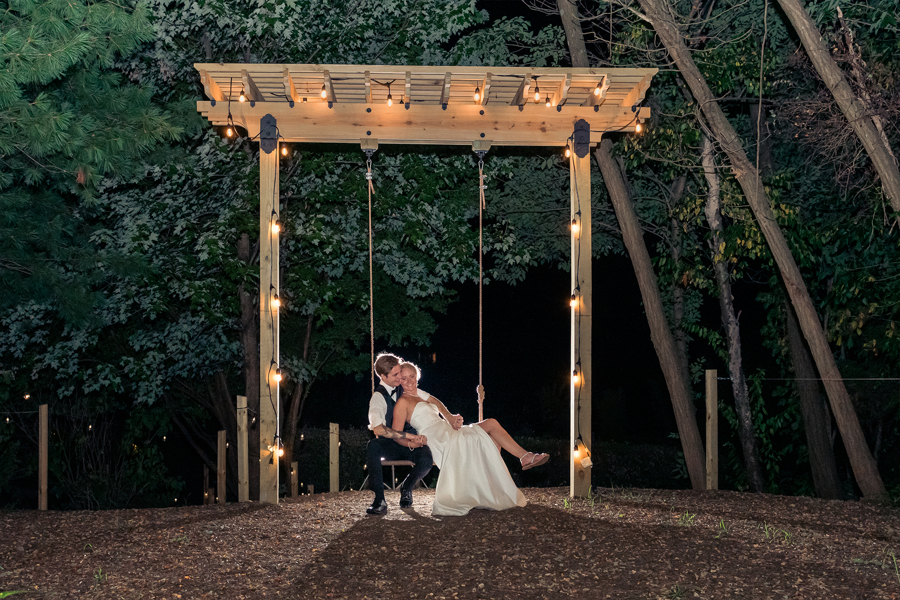 Nighttime wedding photos at estate at eagle lake